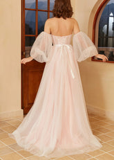 Hannah | White Pink Strapless Polka Dots Bell Sleeve Long Wedding Dress with Illusion Sheer and Belt - Price #price_variant_lowest# - White - PromDressClub